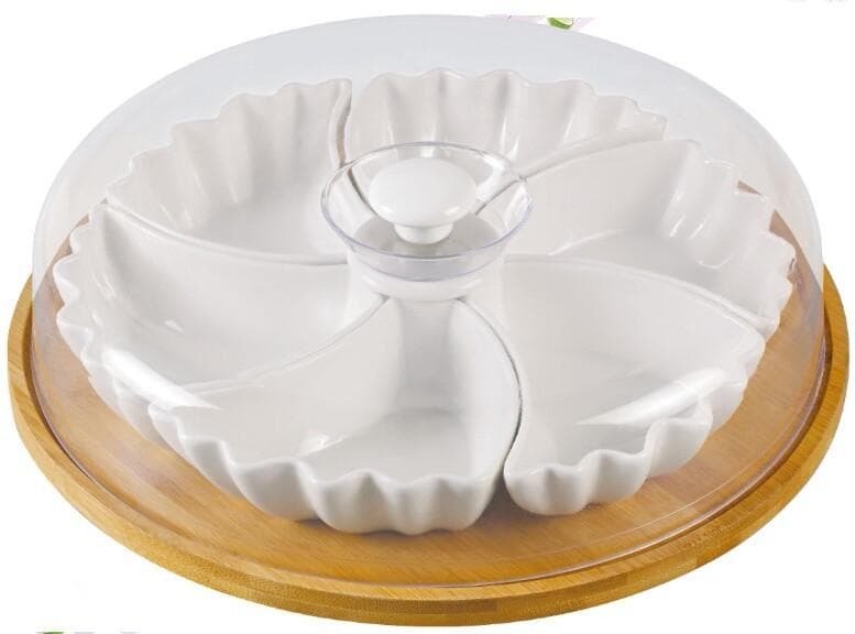 5-Section Ceramic Serving Platter with Domed Lid on Round Bamboo Base
