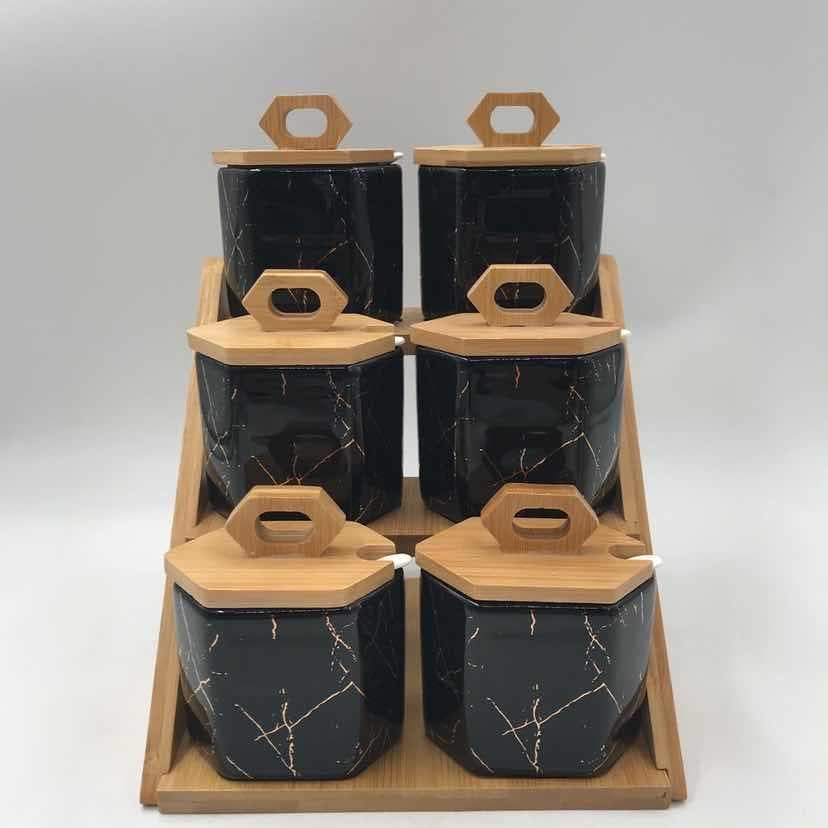 6-Piece Black Marble-Effect Ceramic Spice Jar Set with Bamboo Lids on Two-Tier Rack