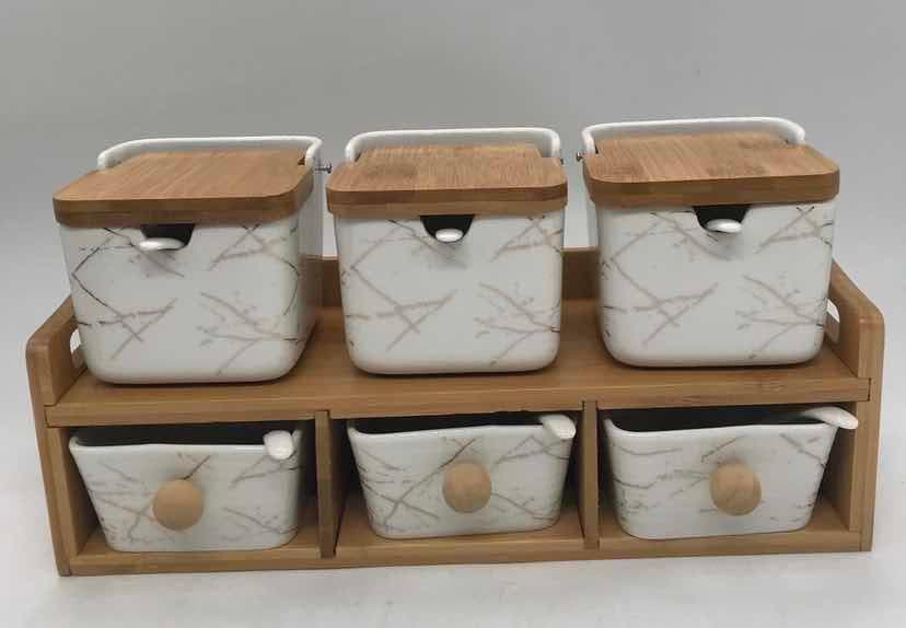 6-Piece Marble-Effect Ceramic Condiment Jar Set with Bamboo Lids on Two-Tier Rack