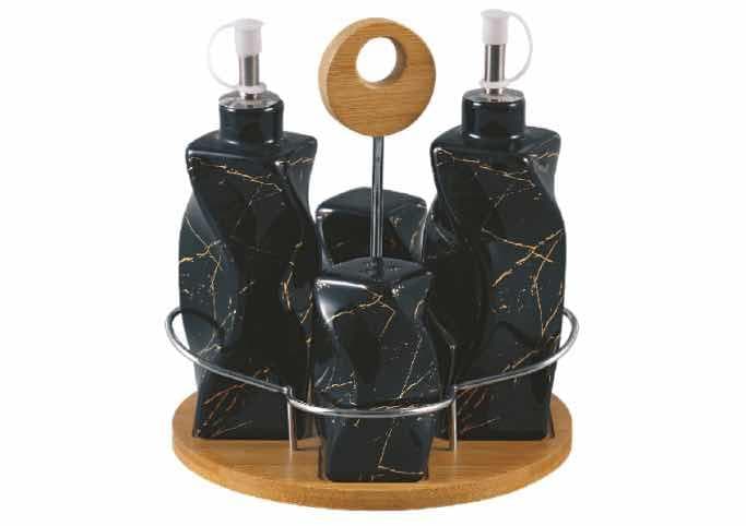 Black Marble-Effect Ceramic Cruet Set with Oil Bottles and Shakers on Round Bamboo Stand