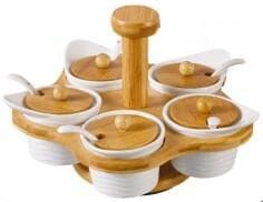 6-Piece Ceramic Spice Pot Set with Bamboo Lids and Spoons on Rotating Base