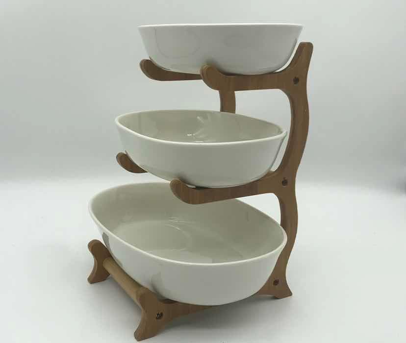 Tiered Ceramic Serving Bowl Stand on Bamboo Frame, White