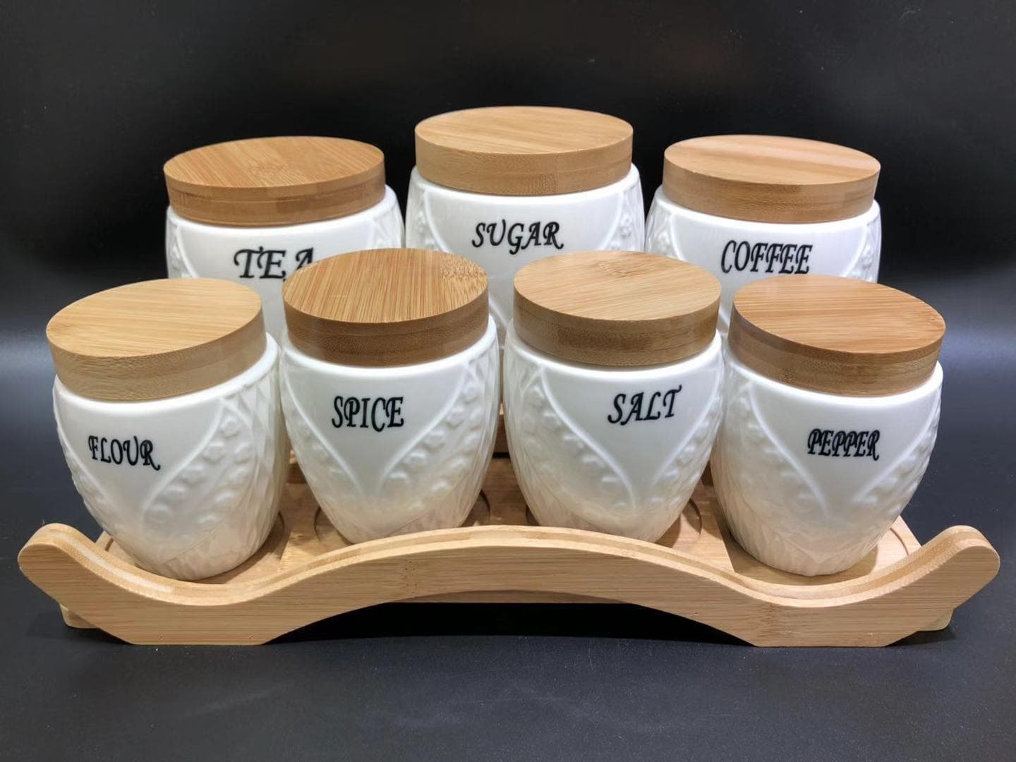 8-Piece Embossed Ceramic Canister and Spice Set on Arched Bamboo Stand