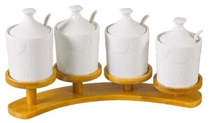 4-Piece Embossed Ceramic Condiment Jar Set with Spoons on Curved Bamboo Stand