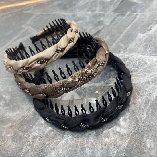 Braided Rhinestone Headband with Comb Teeth, Tan and Black