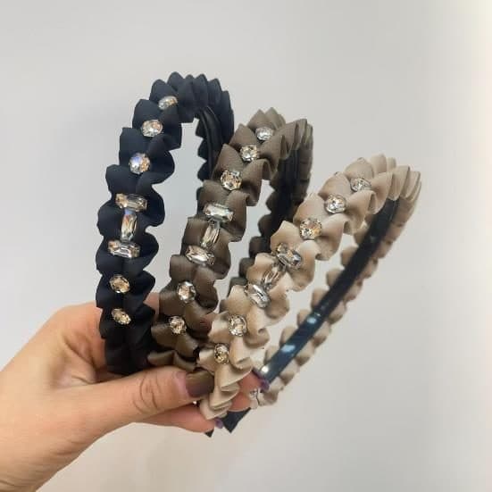 Pleated Crystal Headband with Teeth, Brown and Cream