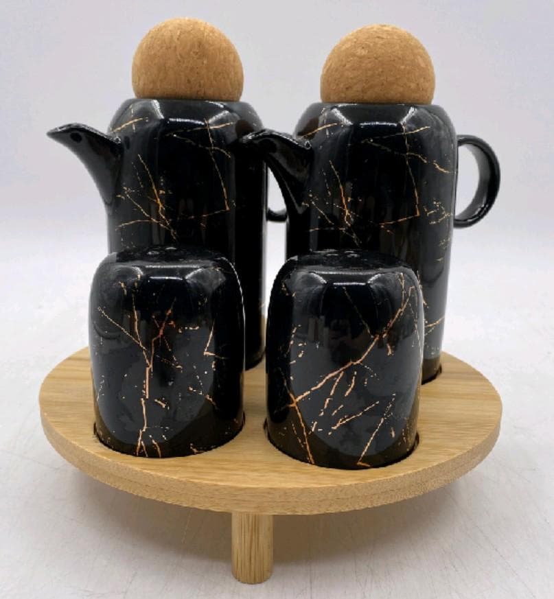 Black Marble-Effect Ceramic Oil and Vinegar Jug Set with Salt and Pepper Shakers on Round Bamboo Stand