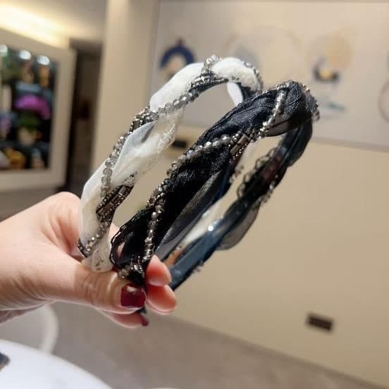 Twisted Organza Headband with Rhinestones, Black and White