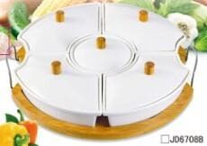 6-Section Ceramic Serving Set on Round Bamboo Tray with Rack