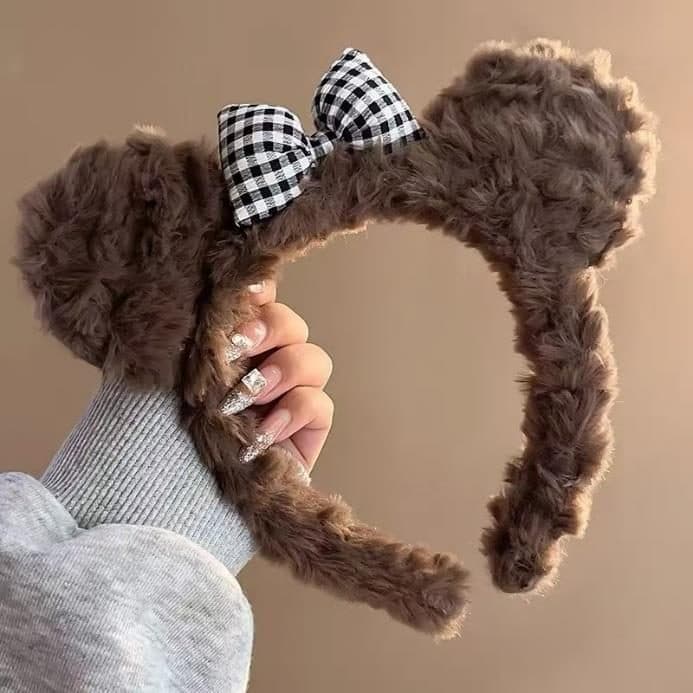Bear Ear Headband with Gingham Bow, Dark Brown