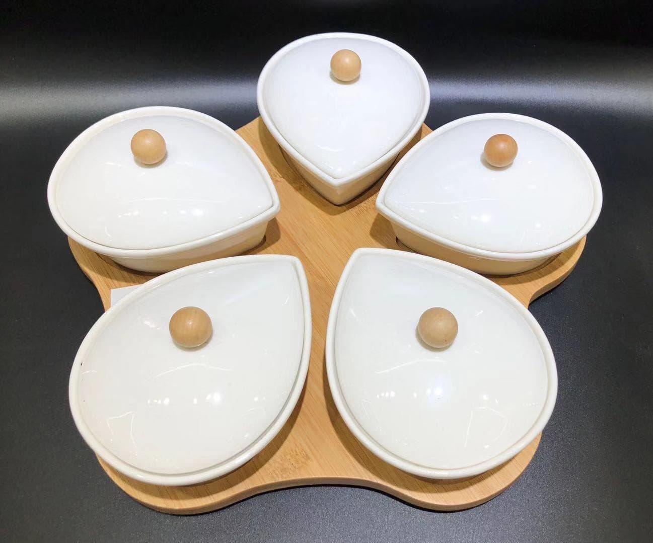5-Piece Teardrop Ceramic Serving Set with Bamboo Lids on Base