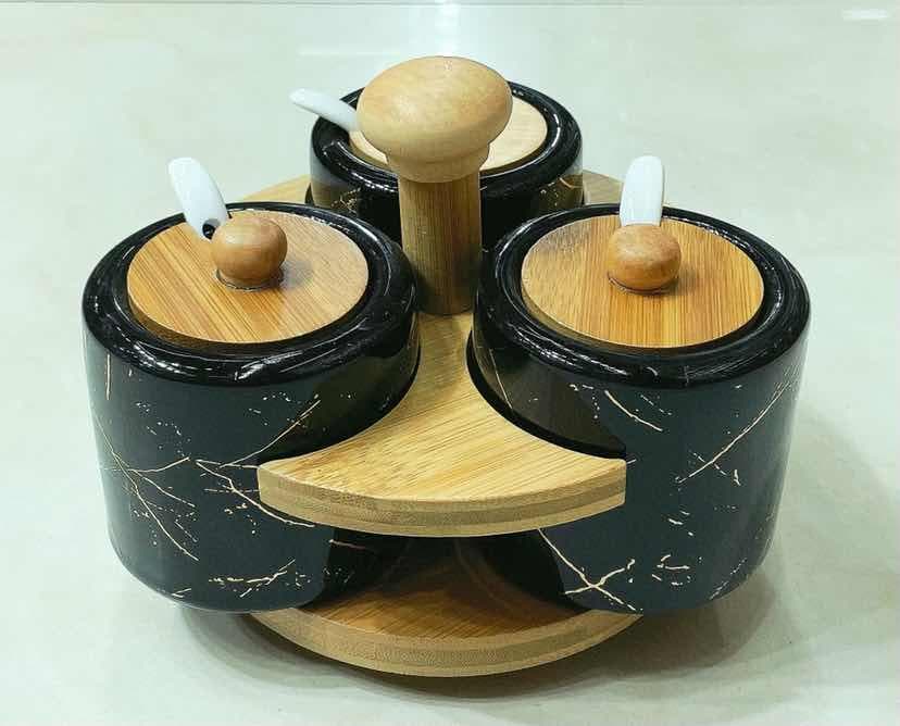 3-Piece Black Marble-Effect Ceramic Condiment Jar Set with Spoons on Rotating Bamboo Stand
