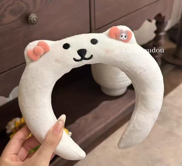 White Bear Face Headband with Pink Bow