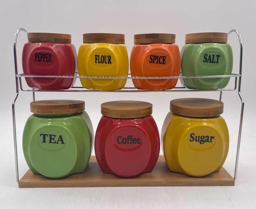 7-Piece Coloured Round Ceramic Canister and Spice Set on Two-Tier Rack