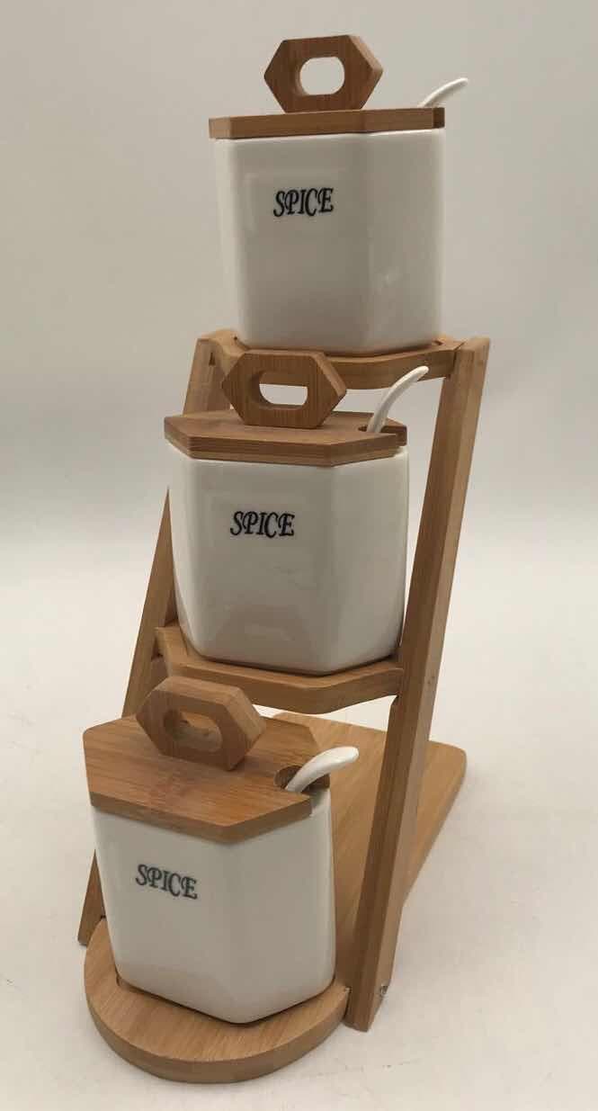 3-Tier Ceramic Spice Jar Set with Bamboo Lids on Stepped Stand