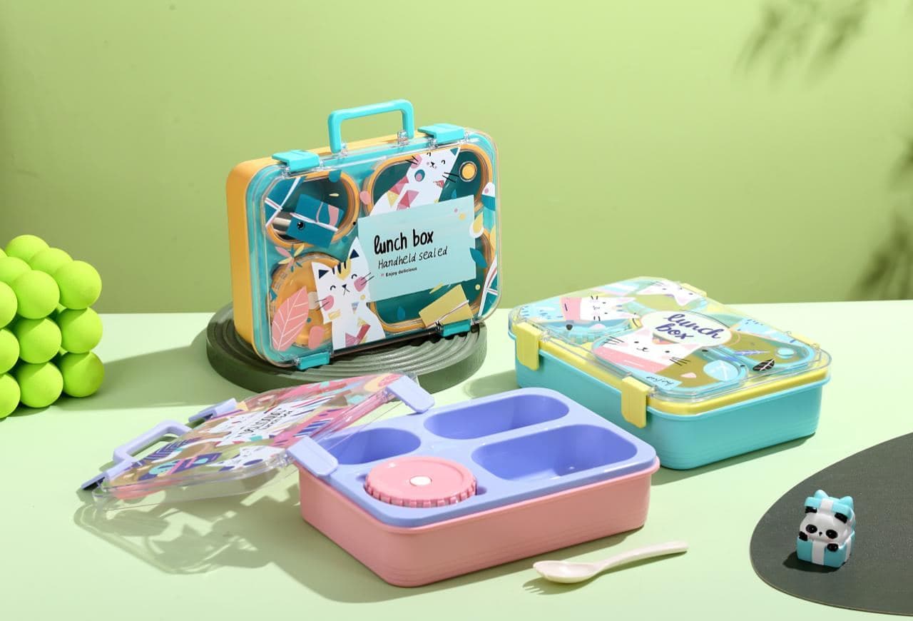 PP Plastic 3-Compartment Lunch Box, 21.9 x 7.4 x 17.2 cm