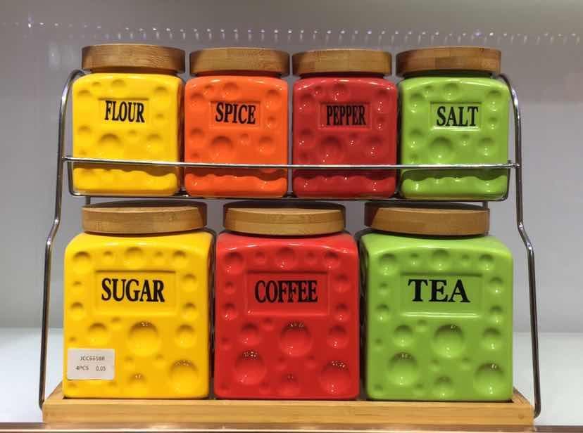 7-Piece Square Embossed Coloured Ceramic Canister and Spice Set on Two-Tier Rack