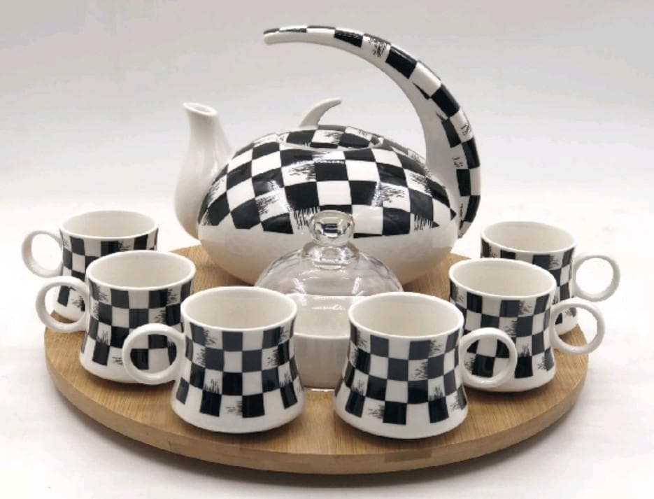 Chequerboard Ceramic Teapot and Six Cup Set on Round Bamboo Tray