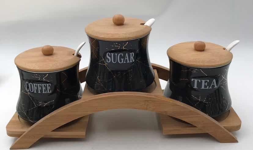 3-Piece Graduated Black Marble-Effect Ceramic Condiment Jar Set with Spoons on Arched Bamboo Stand