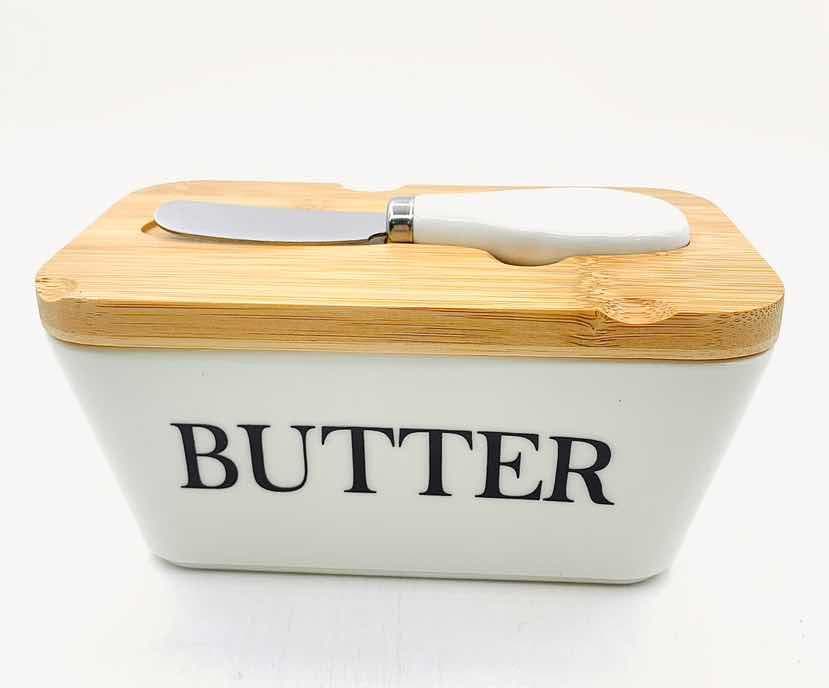 Ceramic Butter Box with Bamboo Lid and Spreader, White
