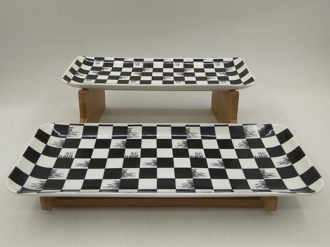 Two-Tier Chequerboard Ceramic Serving Platter on Bamboo Stand