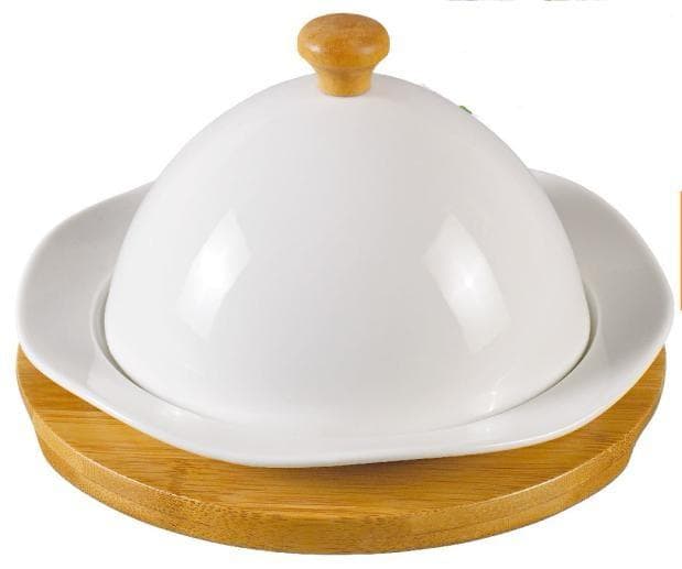 Round Ceramic Cheese Dome on Round Bamboo Board, Large