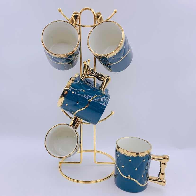 6-Piece Gold-Rimmed Ceramic Mug Set on Gold Metal Mug Tree, Dark Green