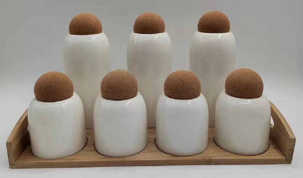 7-Piece Ceramic Canister and Oil Bottle Set with Cork Stoppers on Bamboo Tray