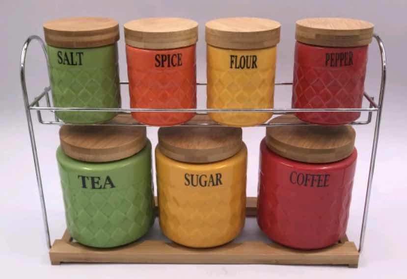 7-Piece Diamond-Pattern Coloured Ceramic Canister and Spice Set on Two-Tier Rack