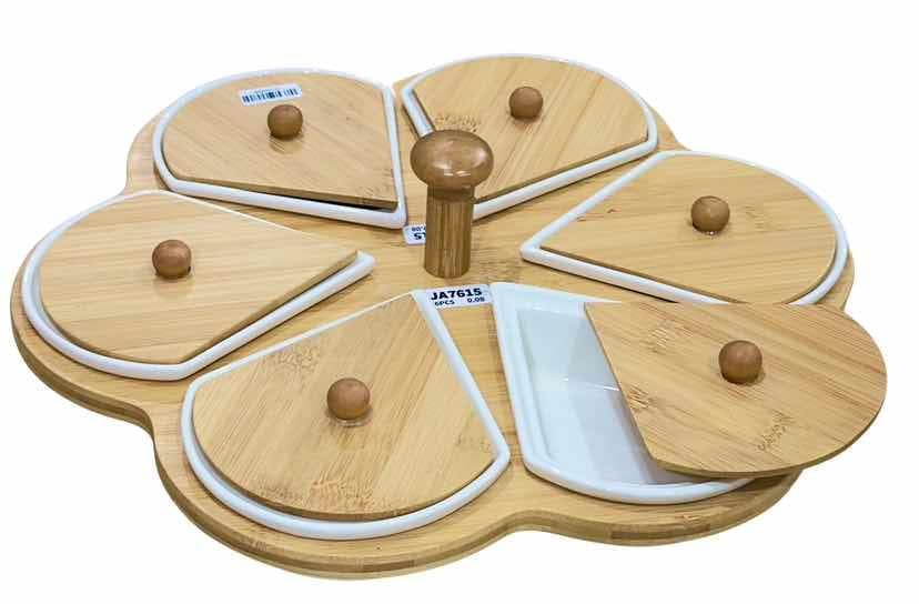 5-Section Flower Ceramic Serving Set with Bamboo Lids on Tray