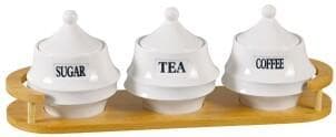 3-Piece Sugar, Tea and Coffee Lidded Ceramic Canister Set on Bamboo Tray