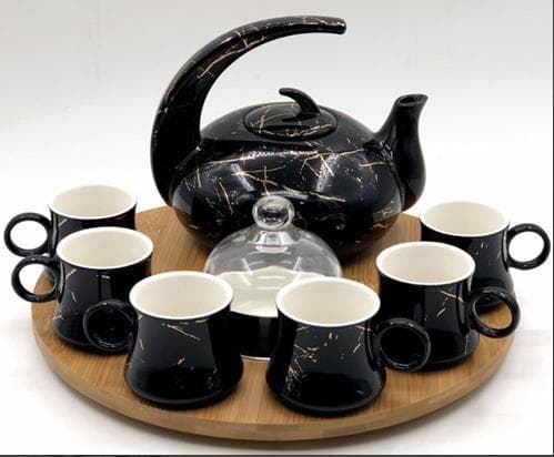 Black Marble-Effect Ceramic Teapot and Six Cup Set on Round Bamboo Tray