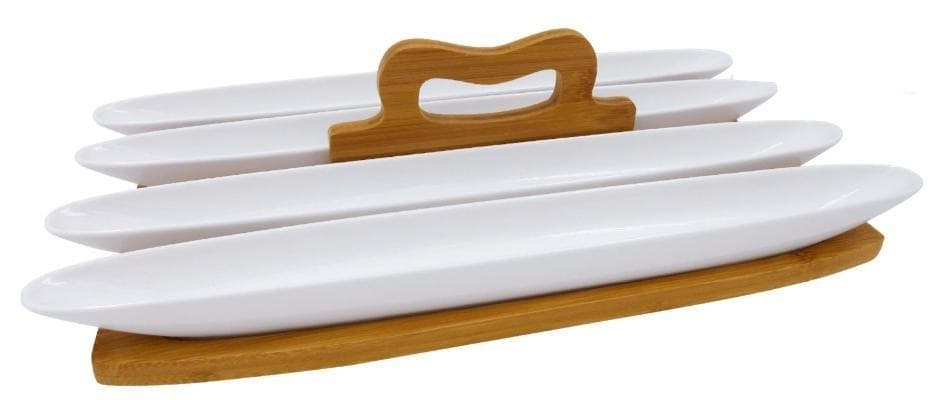 3-Piece Long Ceramic Serving Dish Set on Bamboo Tray with Handle