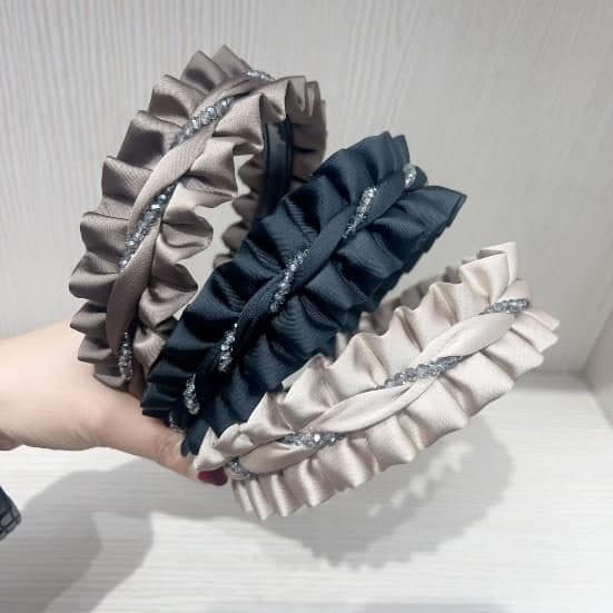 Pleated Ruffle Headband with Rhinestone Braid, Taupe and Black