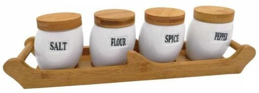 4-Piece Labelled Ceramic Spice Canister Set with Bamboo Lids on Curved Tray