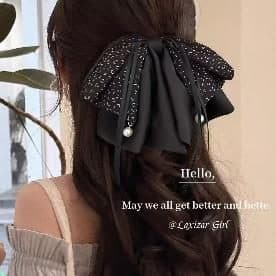 Black Glitter Bow Claw Clip with Ribbon Tails