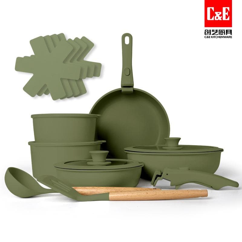 17pc Aluminium Cookware Set with Detachable Handles 3
