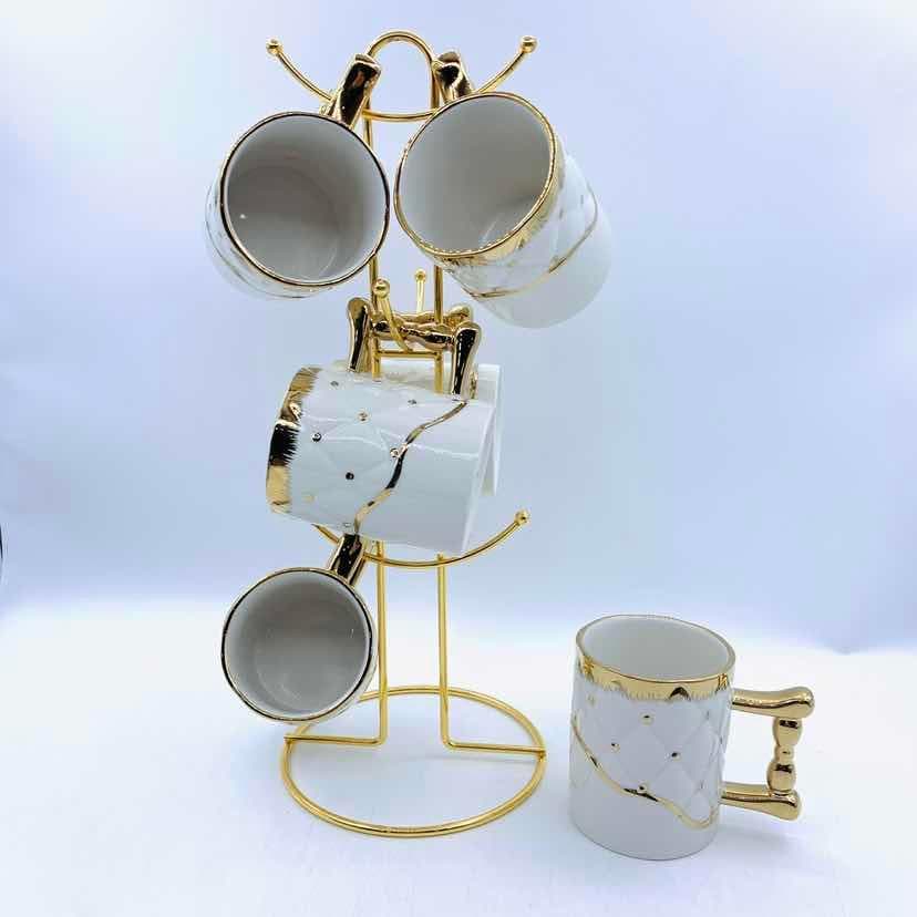 6-Piece Gold-Rimmed Ceramic Mug Set on Gold Metal Mug Tree, White