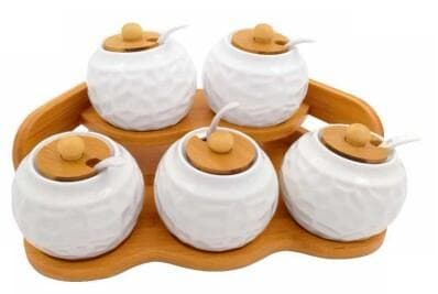 6-Piece Quilted Ceramic Spice Pot Set with Bamboo Lids on Bamboo Tray