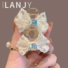 Lace Bow Claw Clip with Crystals, Cream