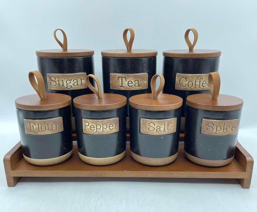 7-Piece Rustic Ceramic Canister and Spice Set with Wooden Lids on Bamboo Tray, Black