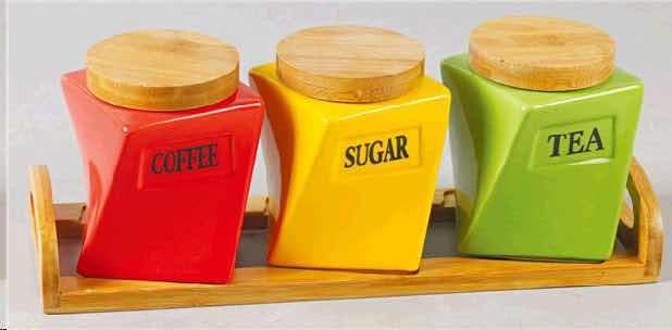 3-Piece Coloured Ceramic Canister Set with Bamboo Lids on Bamboo Tray