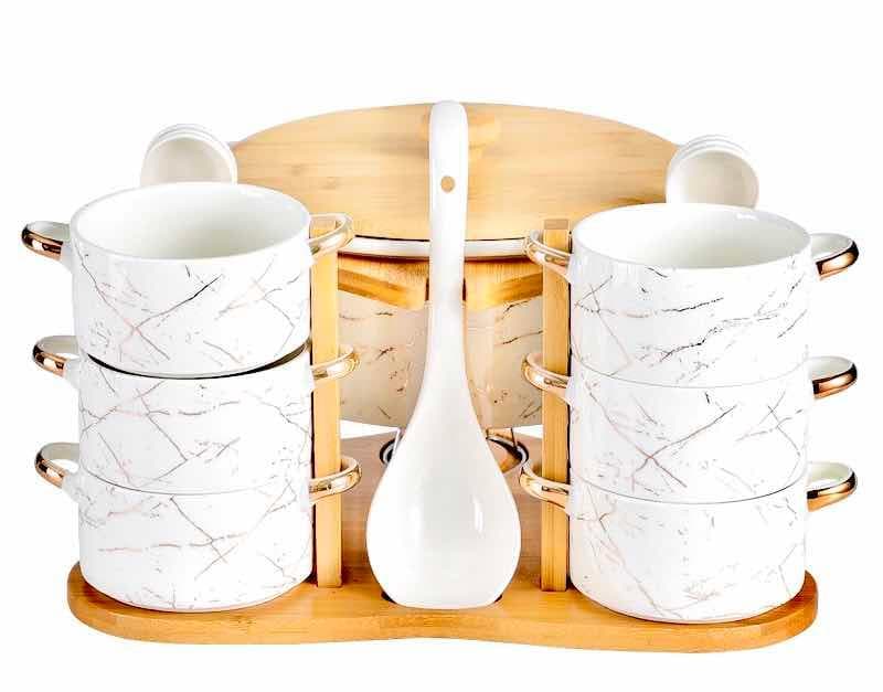 6-Piece Marble-Effect Ceramic Mug Set with Spoons on Bamboo Stand