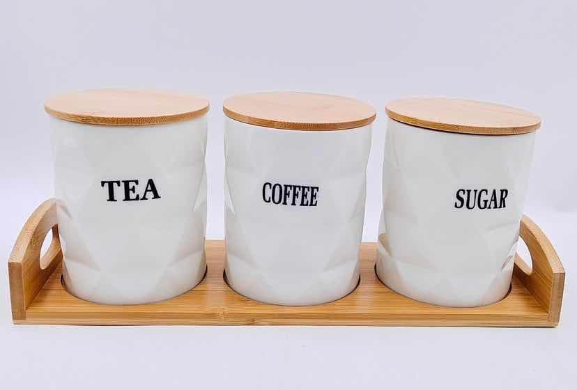 3-Piece Textured Ceramic Tea, Coffee and Sugar Canister Set on Bamboo Tray