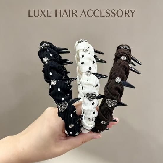 Ruffled Crystal Headband with Teeth, Black and Cream