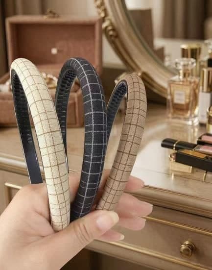 Narrow Check Print Headband, Cream and Grey