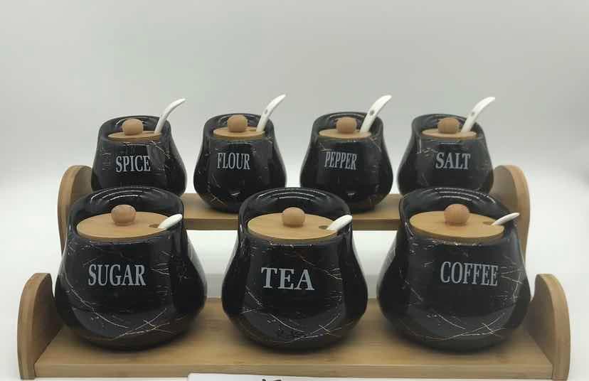 7-Piece Black Marble-Effect Ceramic Condiment Jar Set with Spoons on Two-Tier Bamboo Stand