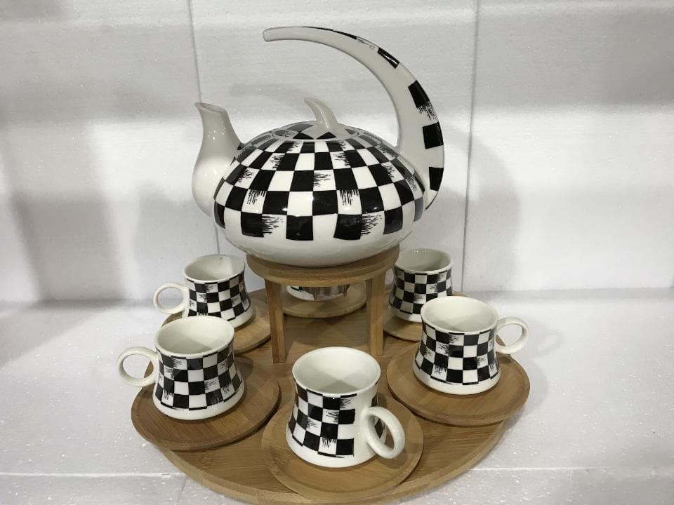 Chequerboard Ceramic Teapot with Warmer and Six Cup Set on Round Bamboo Tray