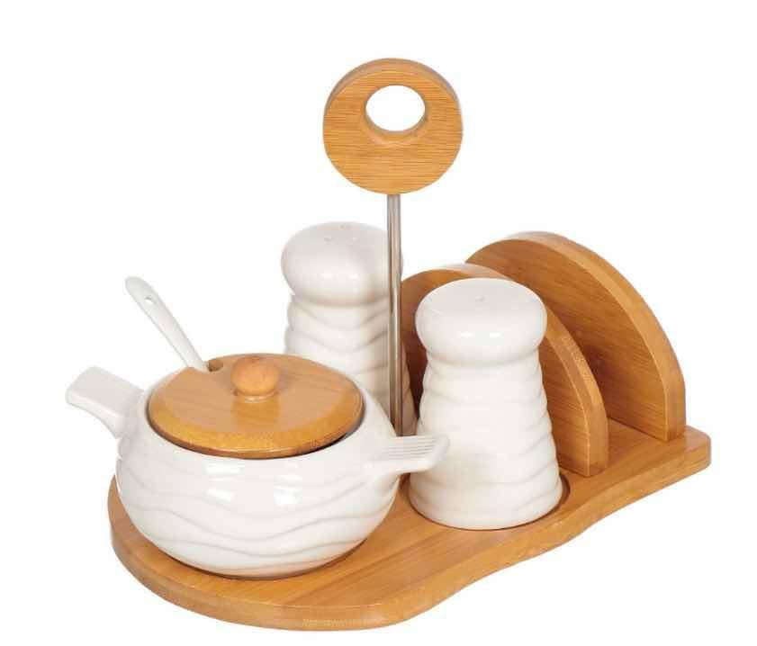 Ceramic Cruet Set with Sugar Pot, Salt and Pepper Shakers and Napkin Holder on Bamboo Stand