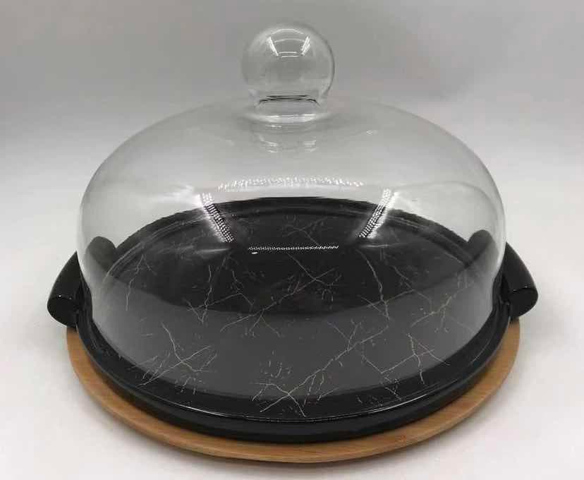 Black Marble-Effect Ceramic Cake Plate with Glass Dome on Bamboo Base, 10.5 inch